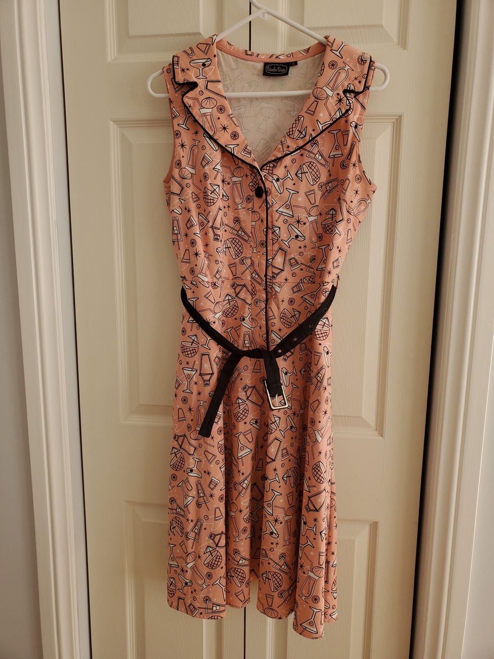 Voodoo Vixen pink Cocktail Print Sleeveless Collared Dress with Black Belt